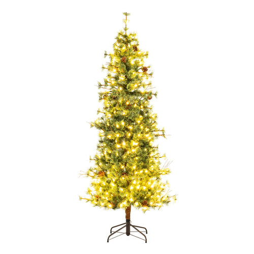 6/7/8 Feet Artificial Christmas Tree Pre-lit Hinged Xmas Tree with Warm White LED Lights and Pine Cones-7ft, Green