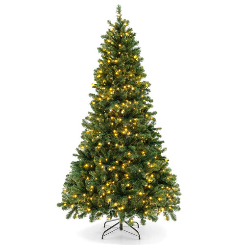 7 Ft Hinged Christmas Tree, PVC Branch Tips, Warm White LED Lights, Green