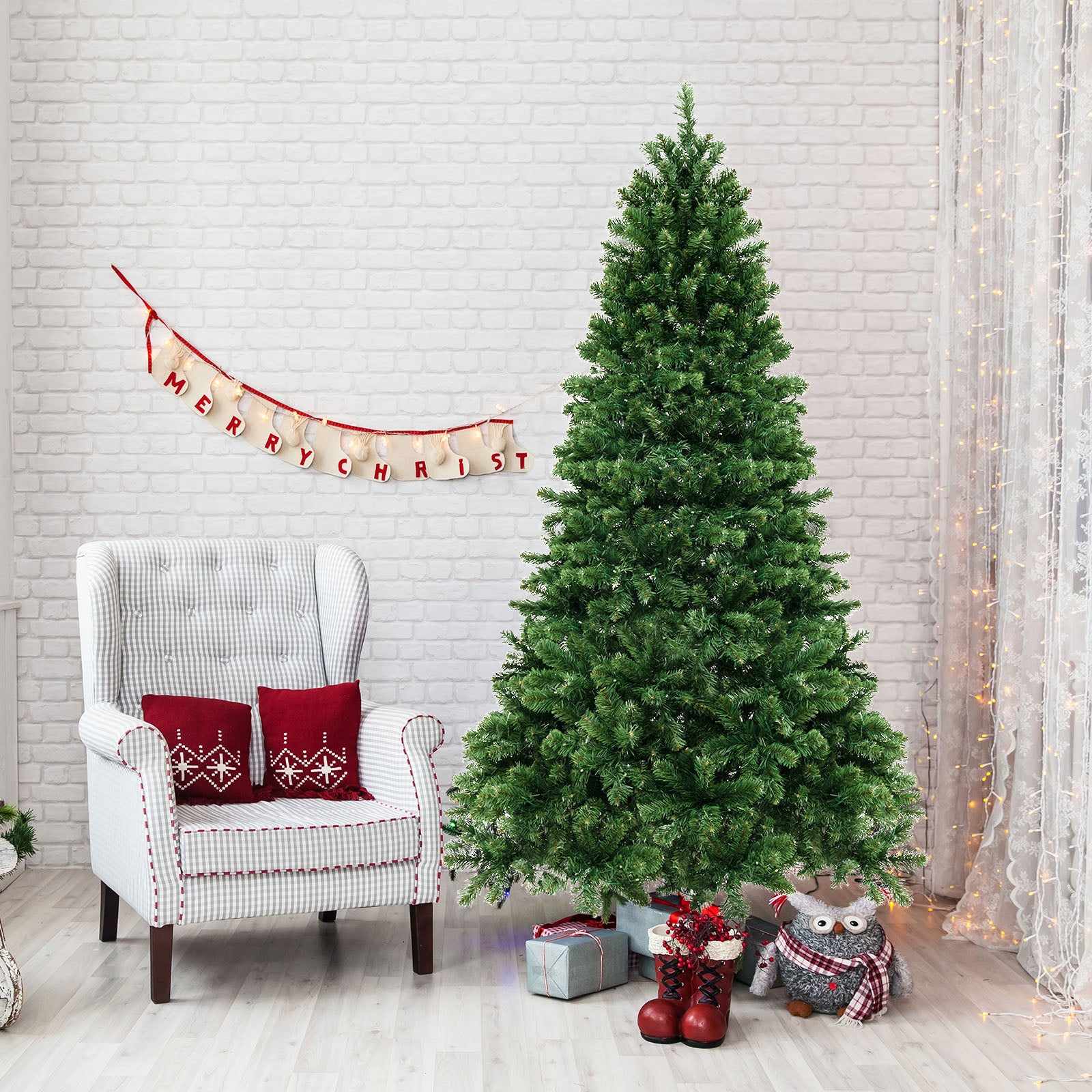 7 Ft Hinged Christmas Tree, PVC Branch Tips, Warm White LED Lights, Green Christmas Tree at Gallery Canada