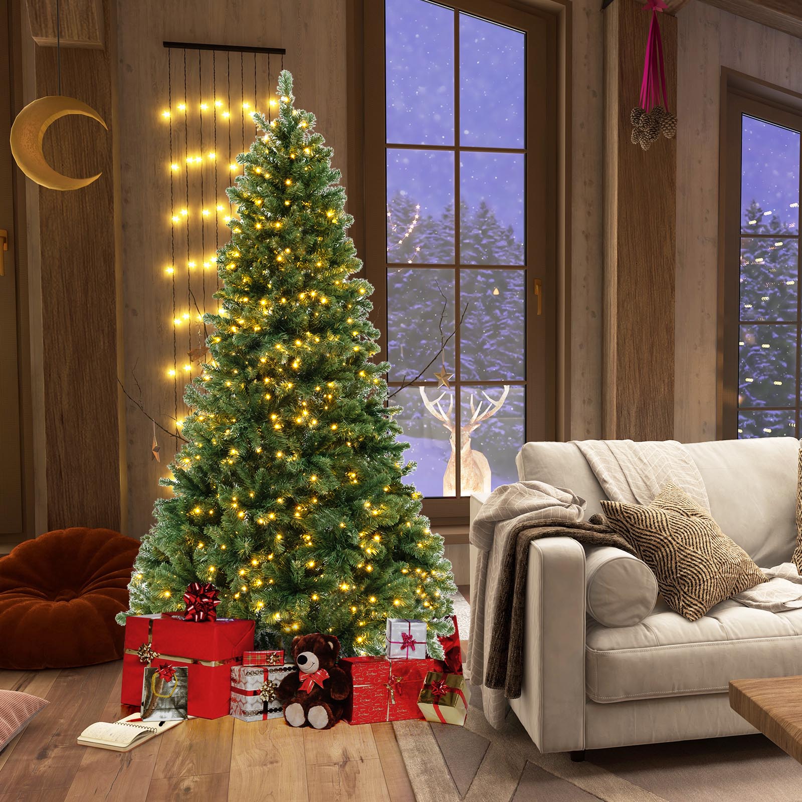 7 Ft Hinged Christmas Tree, PVC Branch Tips, Warm White LED Lights, Green Christmas Tree at Gallery Canada