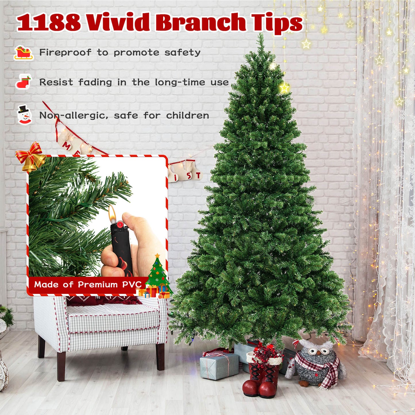 7 Ft Hinged Christmas Tree, PVC Branch Tips, Warm White LED Lights, Green Christmas Tree at Gallery Canada