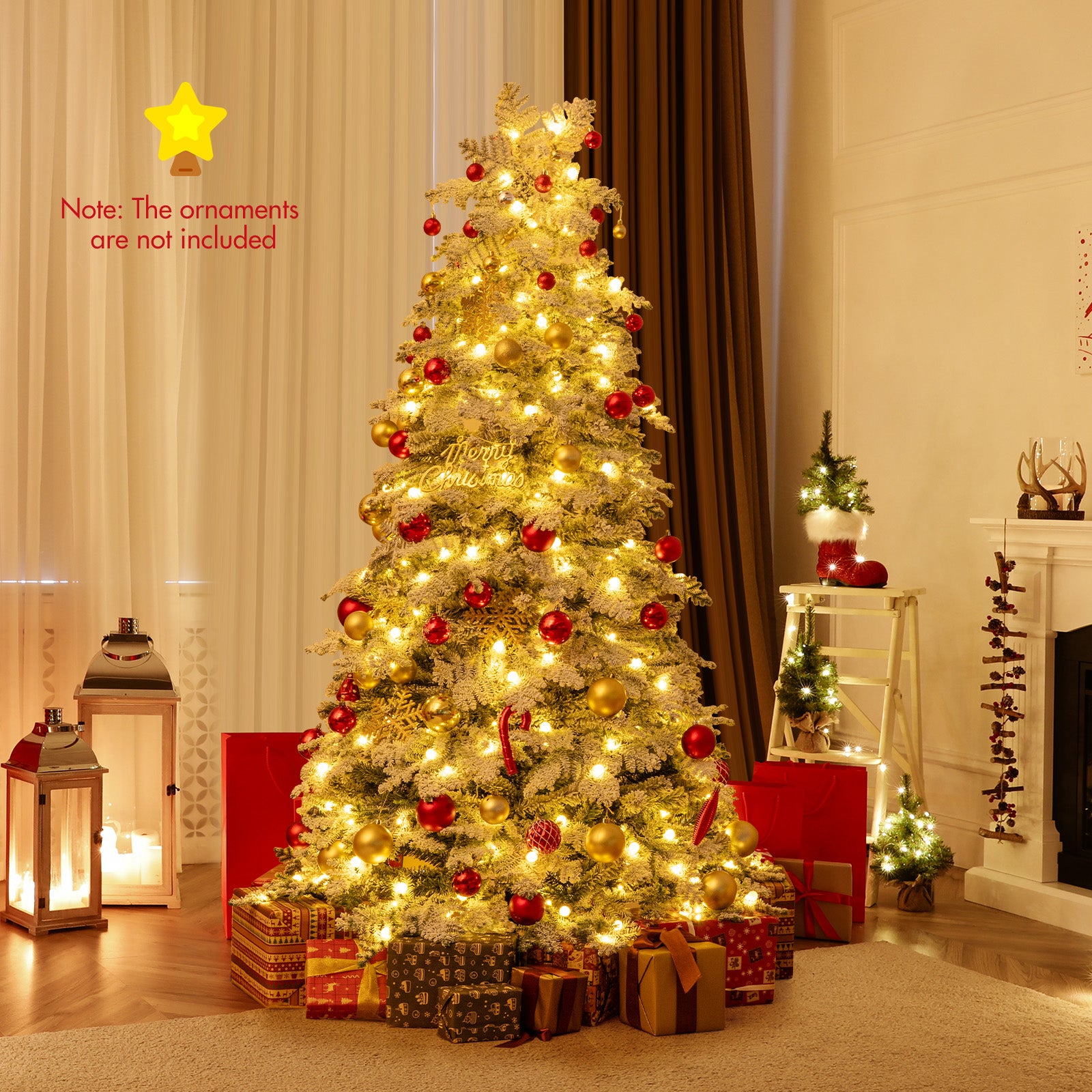 6/7 Feet Artificial Snow-flocked Christmas Tree Pre-lit Hinged Xmas Tree with 130 Twinkle Balls-6 Feet, Green Christmas Tree at Gallery Canada