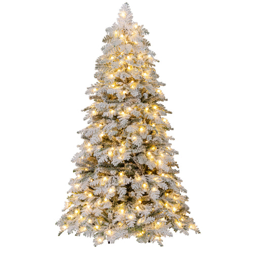 6/7 Feet Artificial Snow-flocked Christmas Tree Pre-lit Hinged Xmas Tree with 130 Twinkle Balls-6 Feet, Green