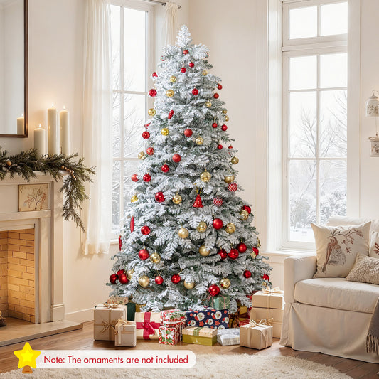6/7 Feet Artificial Snow-flocked Christmas Tree Pre-lit Hinged Xmas Tree with 130 Twinkle Balls-7 Feet, Green Christmas Tree Options at Gallery Canada
