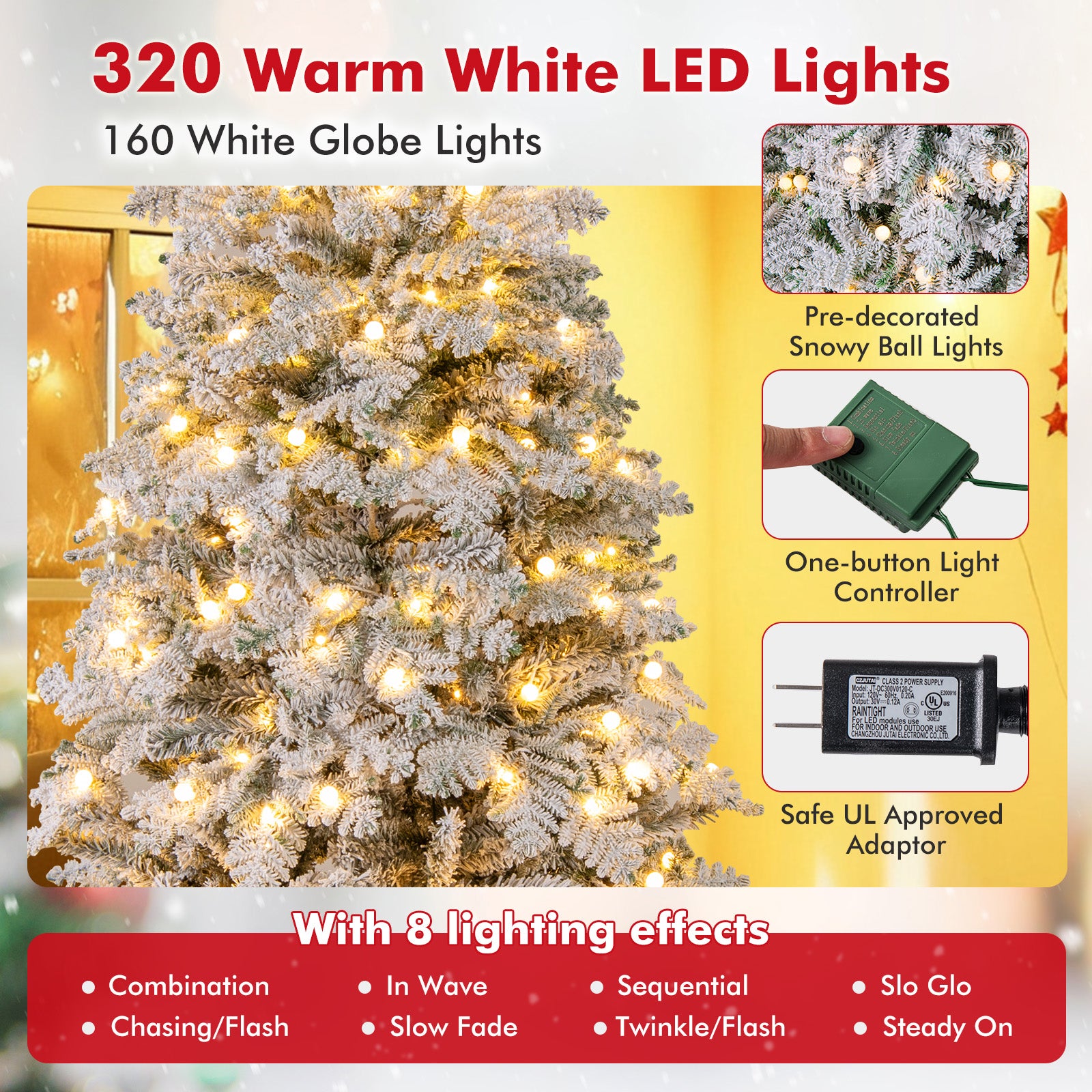 6/7 Feet Artificial Snow-flocked Christmas Tree Pre-lit Hinged Xmas Tree with 130 Twinkle Balls-7 Feet, Green Christmas Tree at Gallery Canada