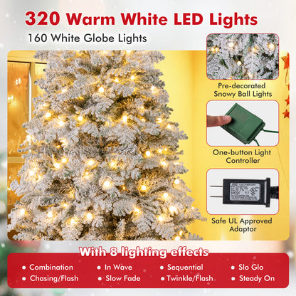 6/7 Feet Artificial Snow-flocked Christmas Tree Pre-lit Hinged Xmas Tree with 130 Twinkle Balls-7 Feet, Green Christmas Tree at Gallery Canada