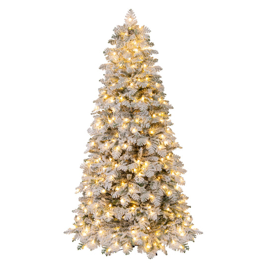 6/7 Feet Artificial Snow-flocked Christmas Tree Pre-lit Hinged Xmas Tree with 130 Twinkle Balls-7 Feet, Green Christmas Tree Options at Gallery Canada
