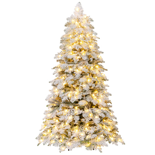 6 Feet Artificial Snow-Flocked Christmas Tree, Pre-Lit Hinged, Green and White