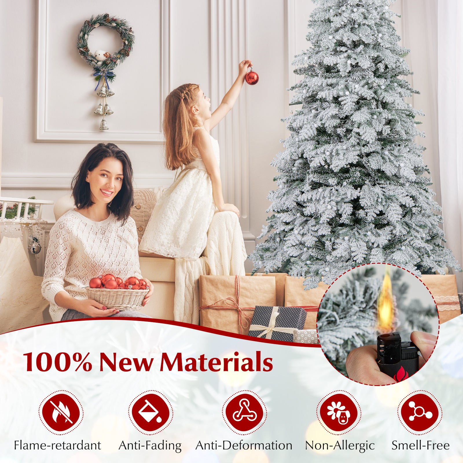 6 Feet Artificial Snow-Flocked Christmas Tree, Pre-Lit Hinged, Green and White Christmas Tree at Gallery Canada