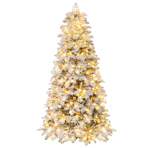 6/7 Feet Artificial Snow-Flocked Christmas Tree, Pre-Lit Hinged, Green