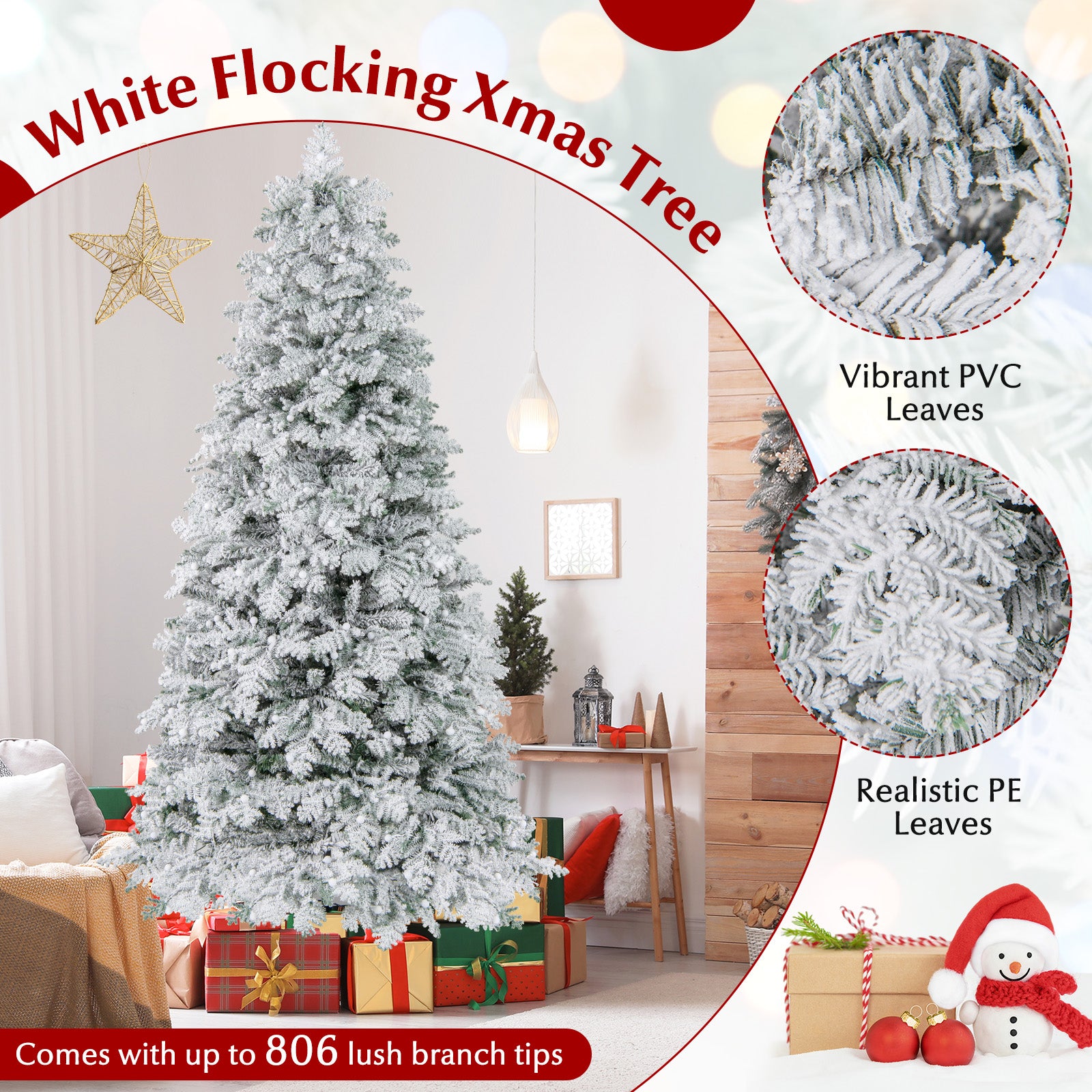 6/7 Feet Artificial Snow-Flocked Christmas Tree, Pre-Lit Hinged, Green Christmas Tree at Gallery Canada