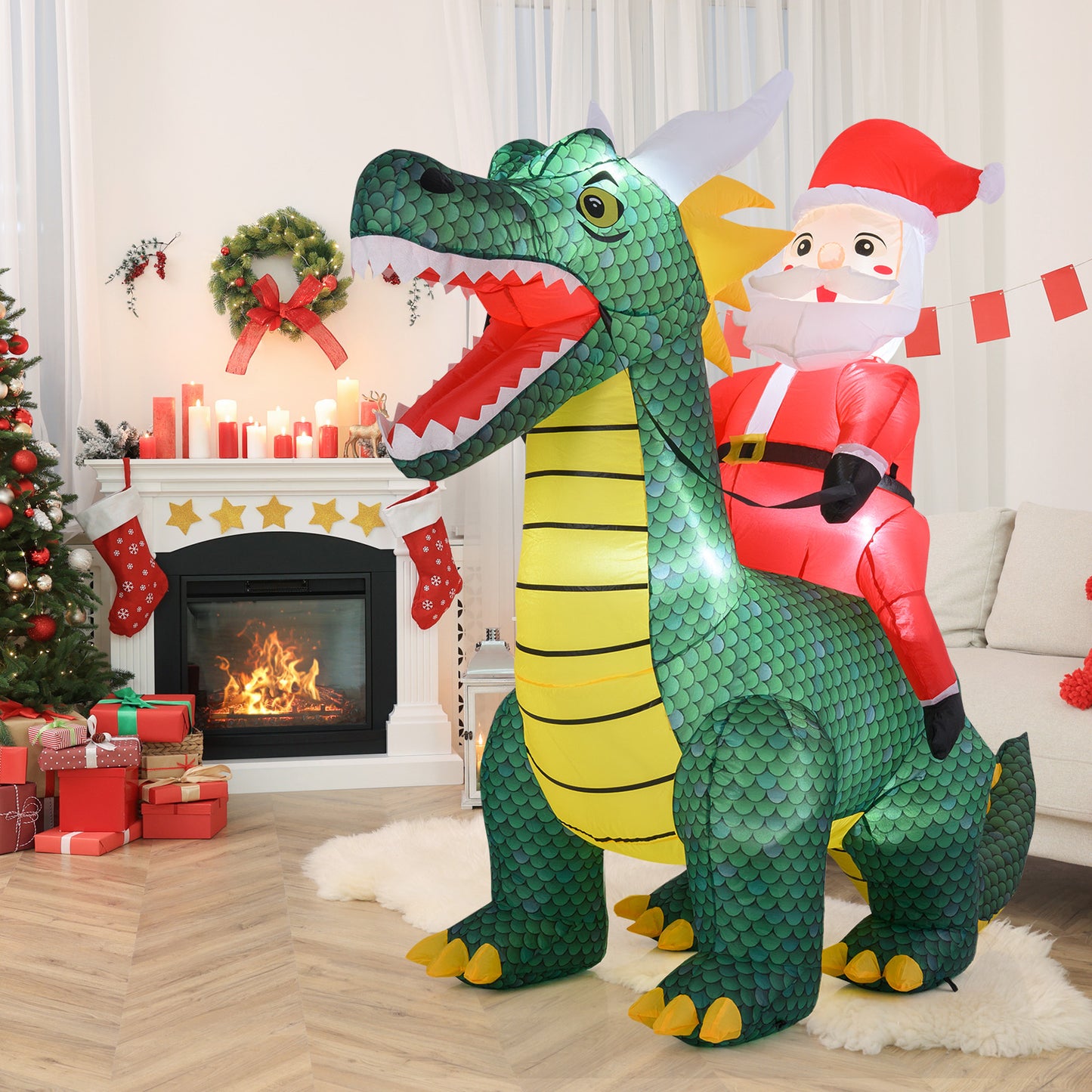 6.7 Feet Inflatable Santa Claus Ride On Dinosaur, Built-in LED Lights, Green Christmas Inflatables at Gallery Canada