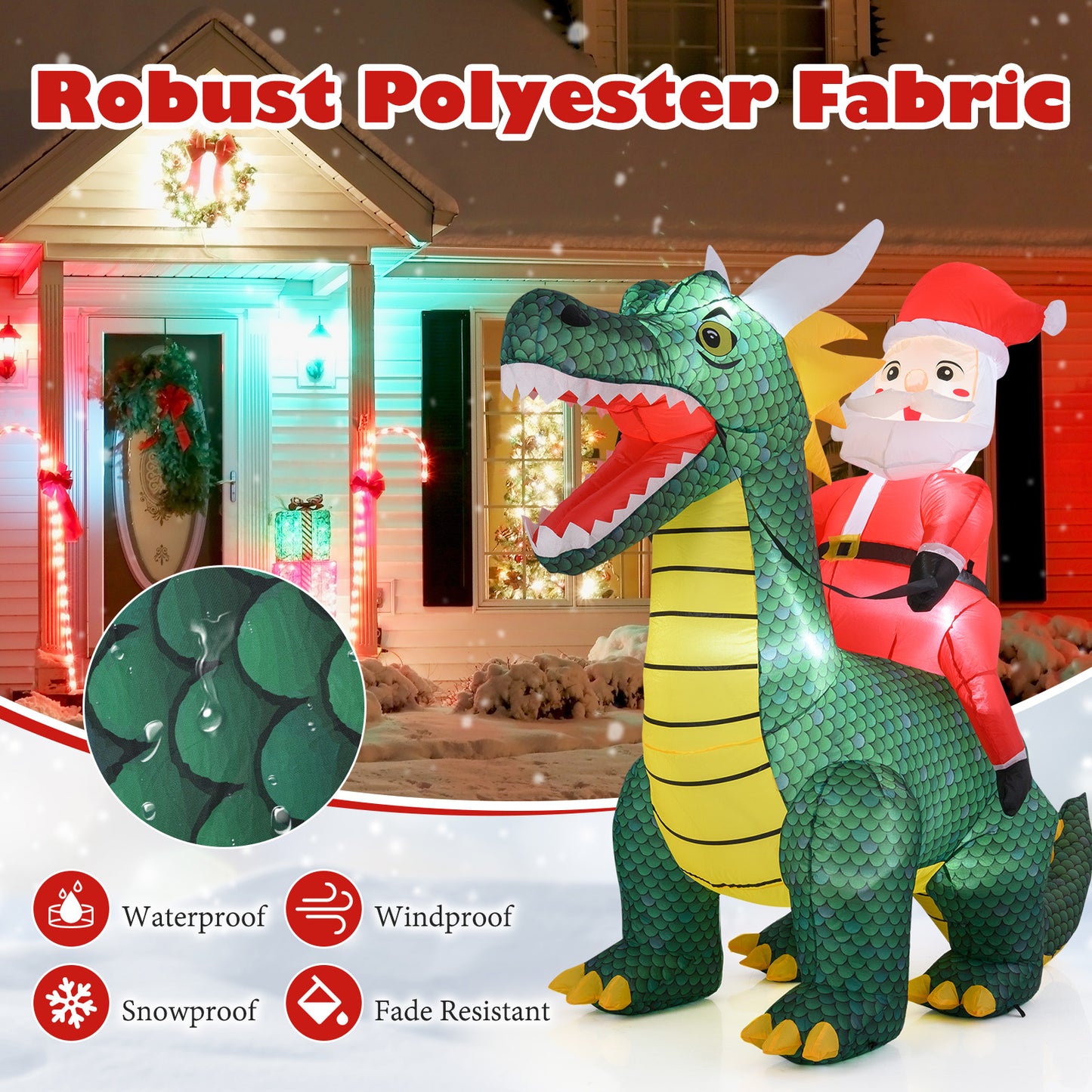 6.7 Feet Inflatable Santa Claus Ride On Dinosaur, Built-in LED Lights, Green Christmas Inflatables at Gallery Canada