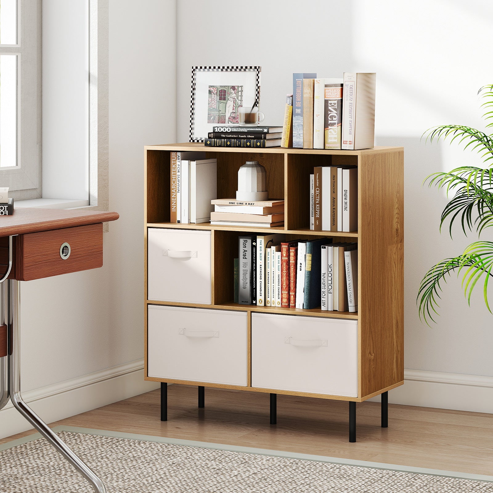 6-Cube Bookshelf with 3 Removable Folding Fabric Drawers for Living Room, Natural Bookcases at Gallery Canada