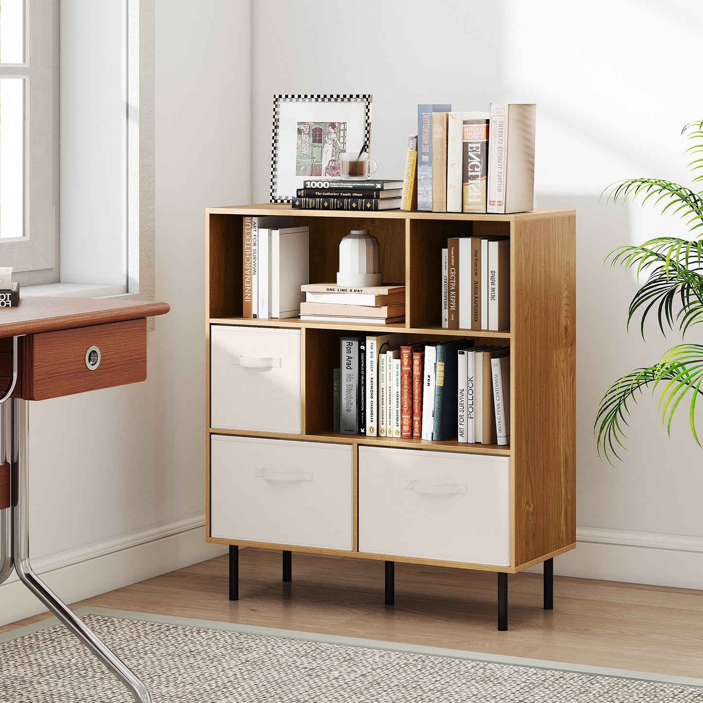 6-Cube Bookshelf with 3 Removable Folding Fabric Drawers for Living Room, Natural Bookcases at Gallery Canada