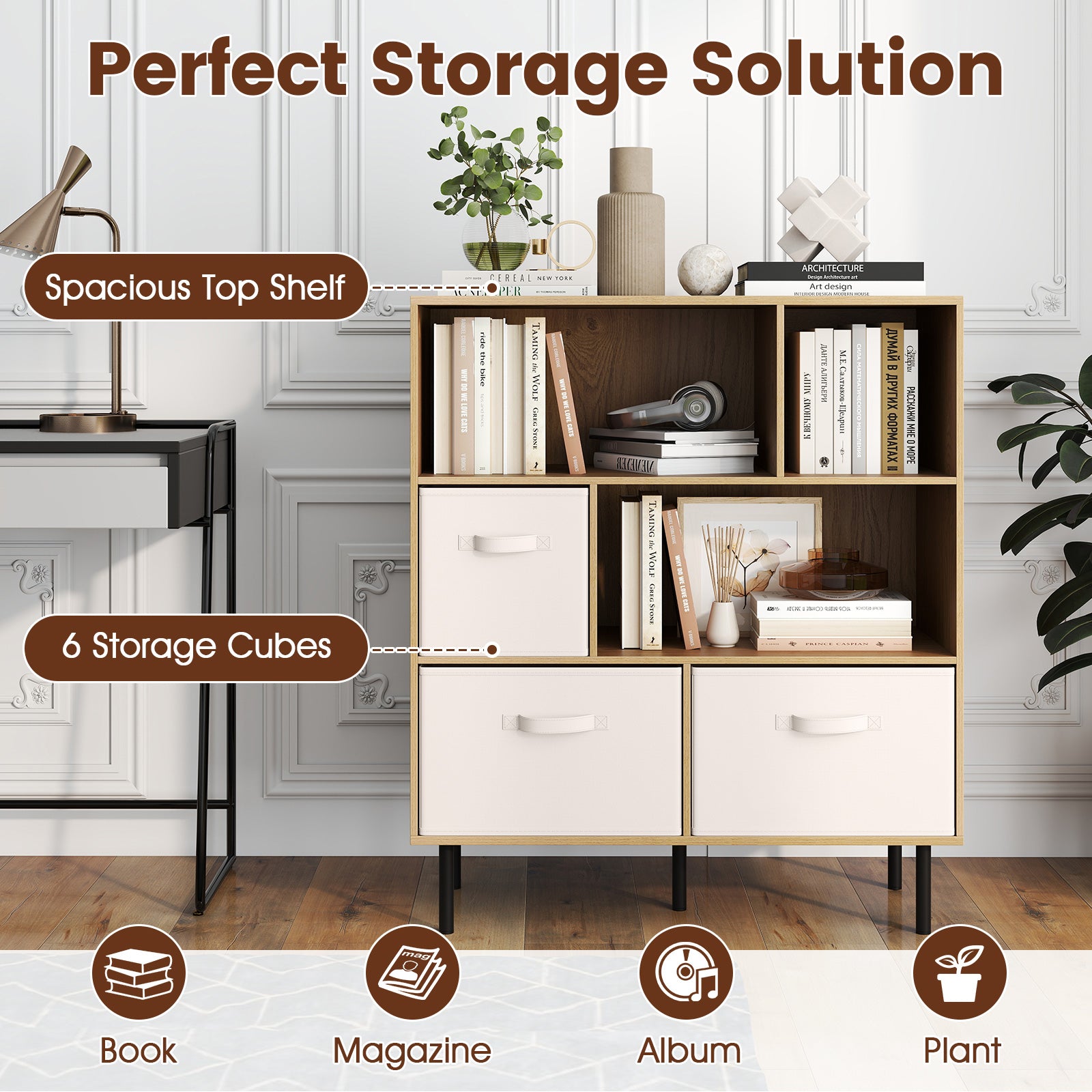 6-Cube Bookshelf with 3 Removable Folding Fabric Drawers for Living Room, Natural Bookcases at Gallery Canada