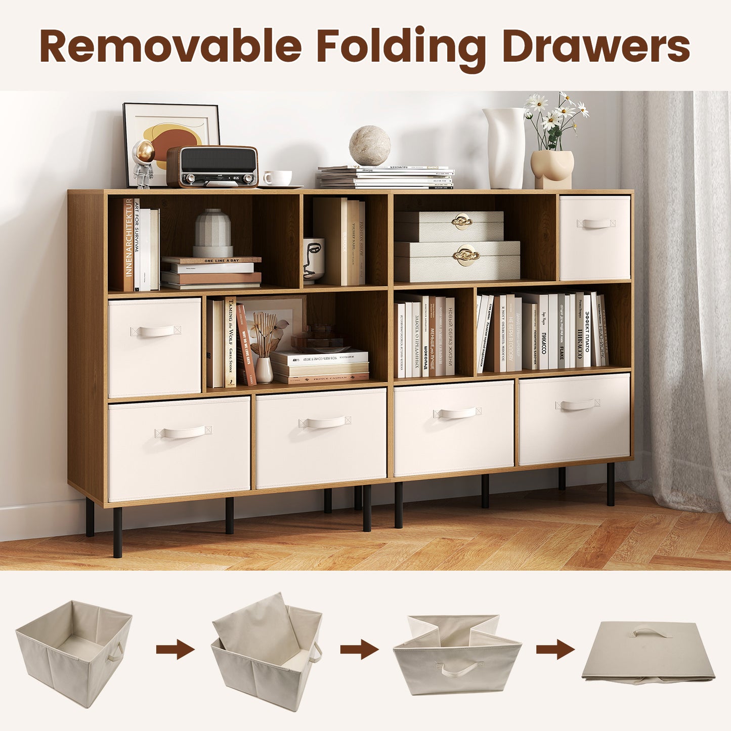 6-Cube Bookshelf with 3 Removable Folding Fabric Drawers for Living Room, Natural Bookcases at Gallery Canada