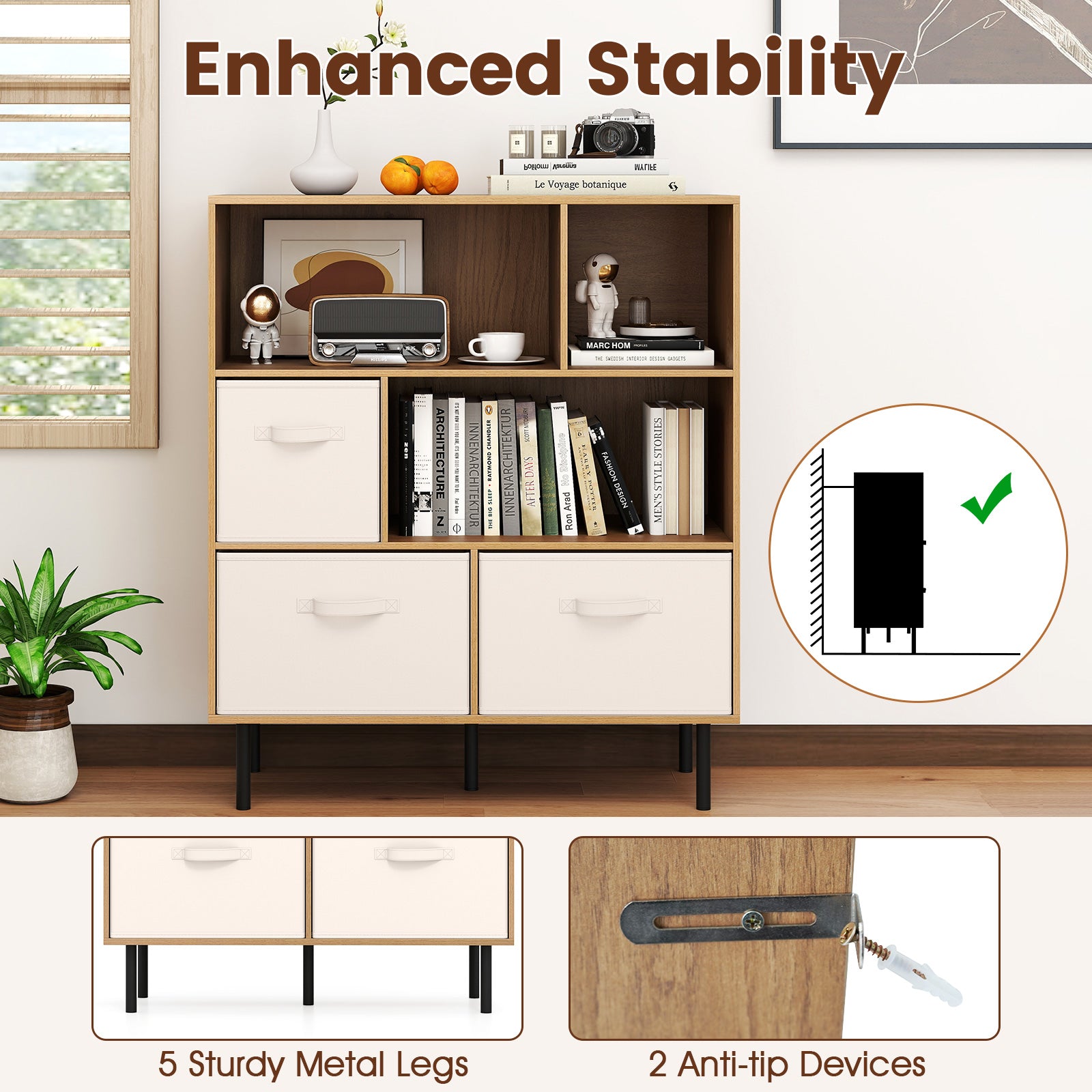 6-Cube Bookshelf with 3 Removable Folding Fabric Drawers for Living Room, Natural Bookcases at Gallery Canada