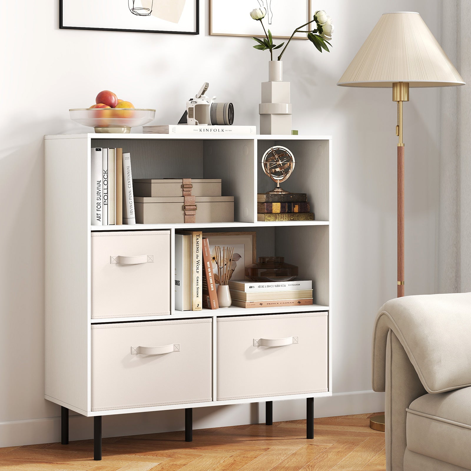 6-Cube Bookshelf with 3 Removable Folding Fabric Drawers for Living Room, White Bookcases at Gallery Canada