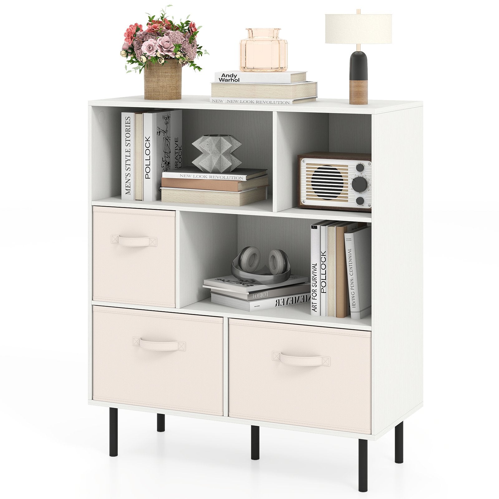 6-Cube Bookshelf with 3 Removable Folding Fabric Drawers for Living Room, White Bookcases White at Gallery Canada