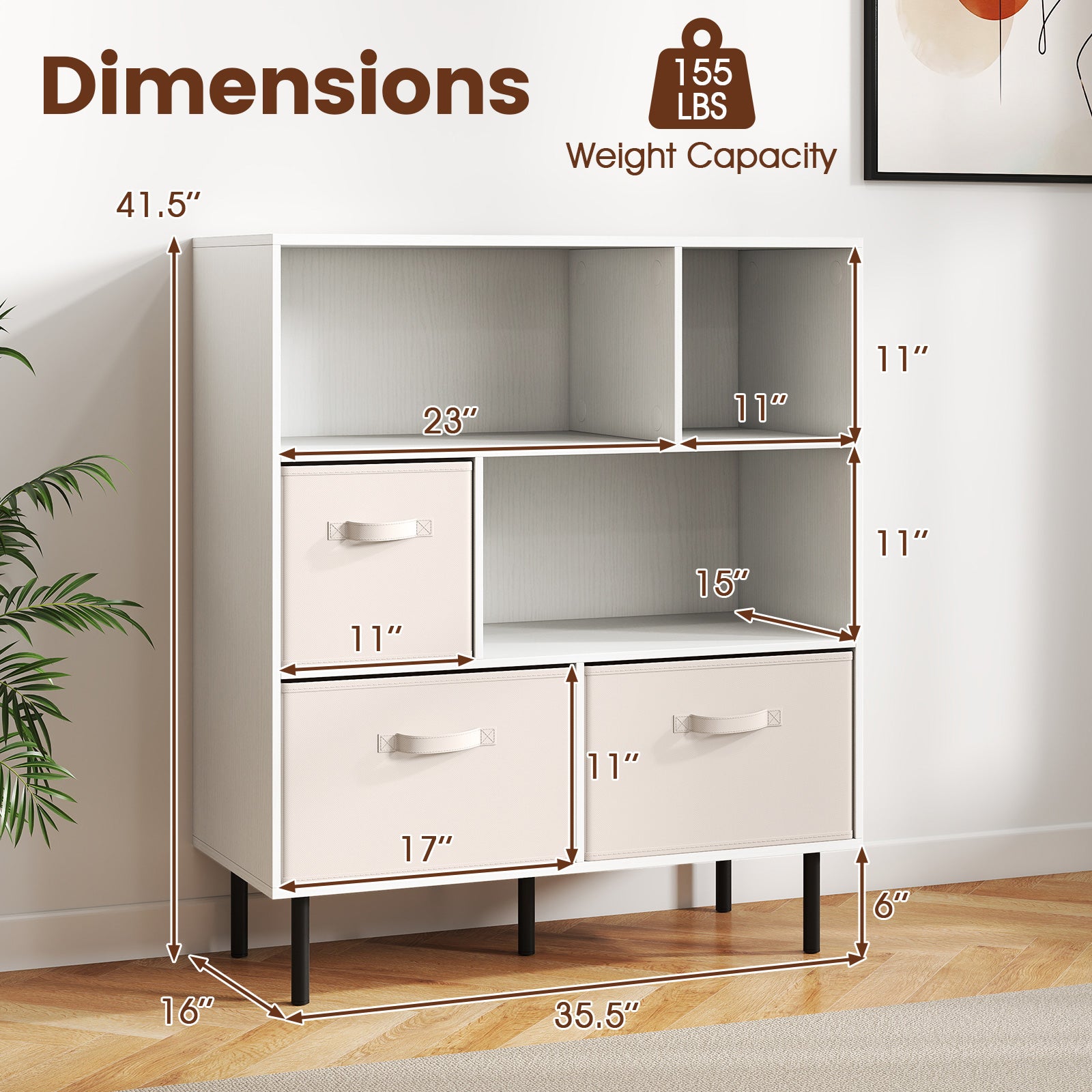 6-Cube Bookshelf with 3 Removable Folding Fabric Drawers for Living Room, White Bookcases at Gallery Canada