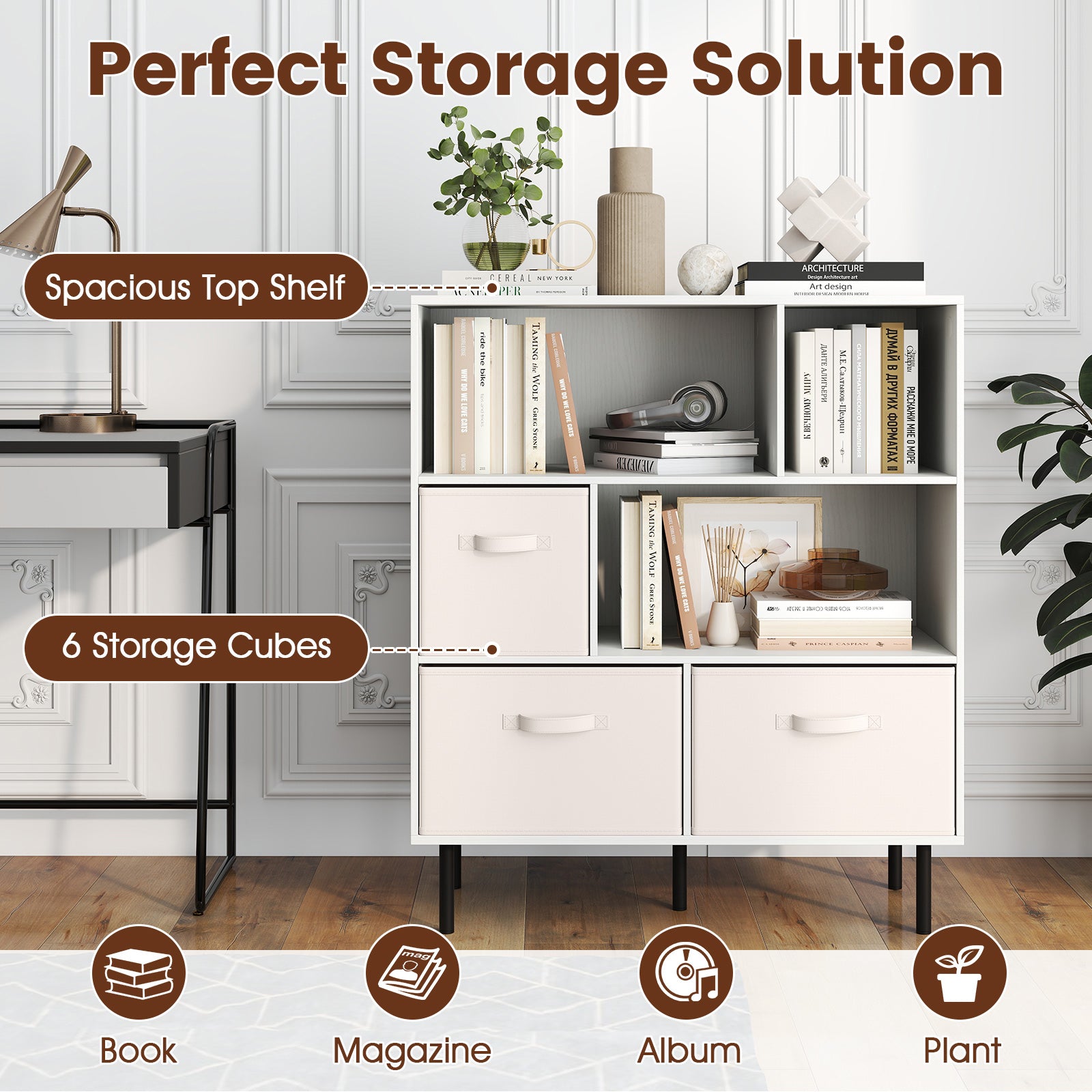 6-Cube Bookshelf with 3 Removable Folding Fabric Drawers for Living Room, White Bookcases at Gallery Canada