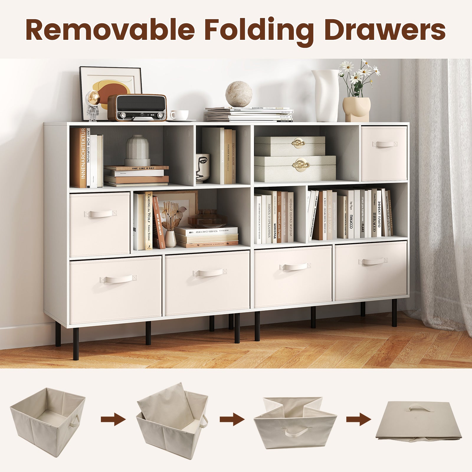 6-Cube Bookshelf with 3 Removable Folding Fabric Drawers for Living Room, White Bookcases at Gallery Canada