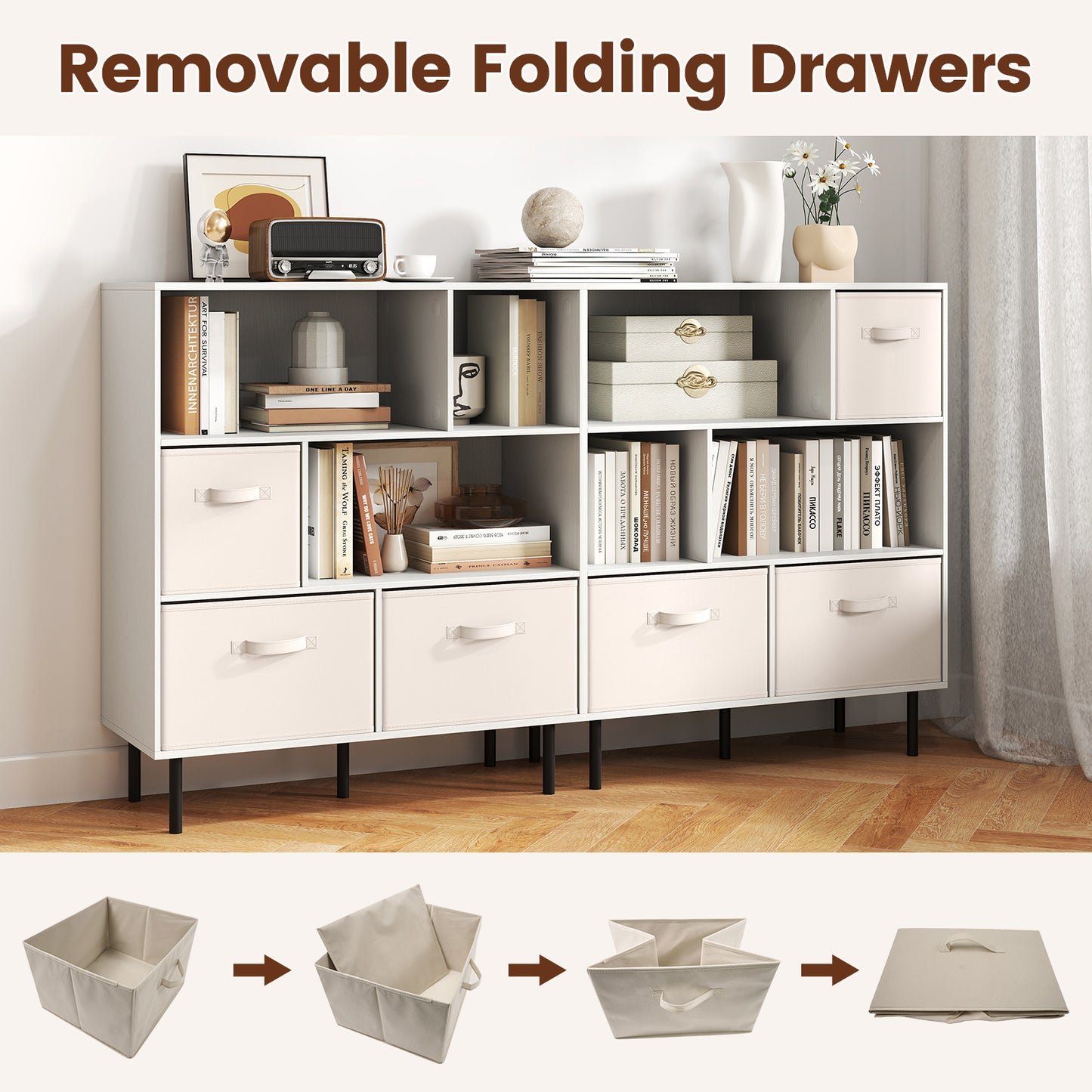 6-Cube Bookshelf with 3 Removable Folding Fabric Drawers for Living Room, White Bookcases at Gallery Canada