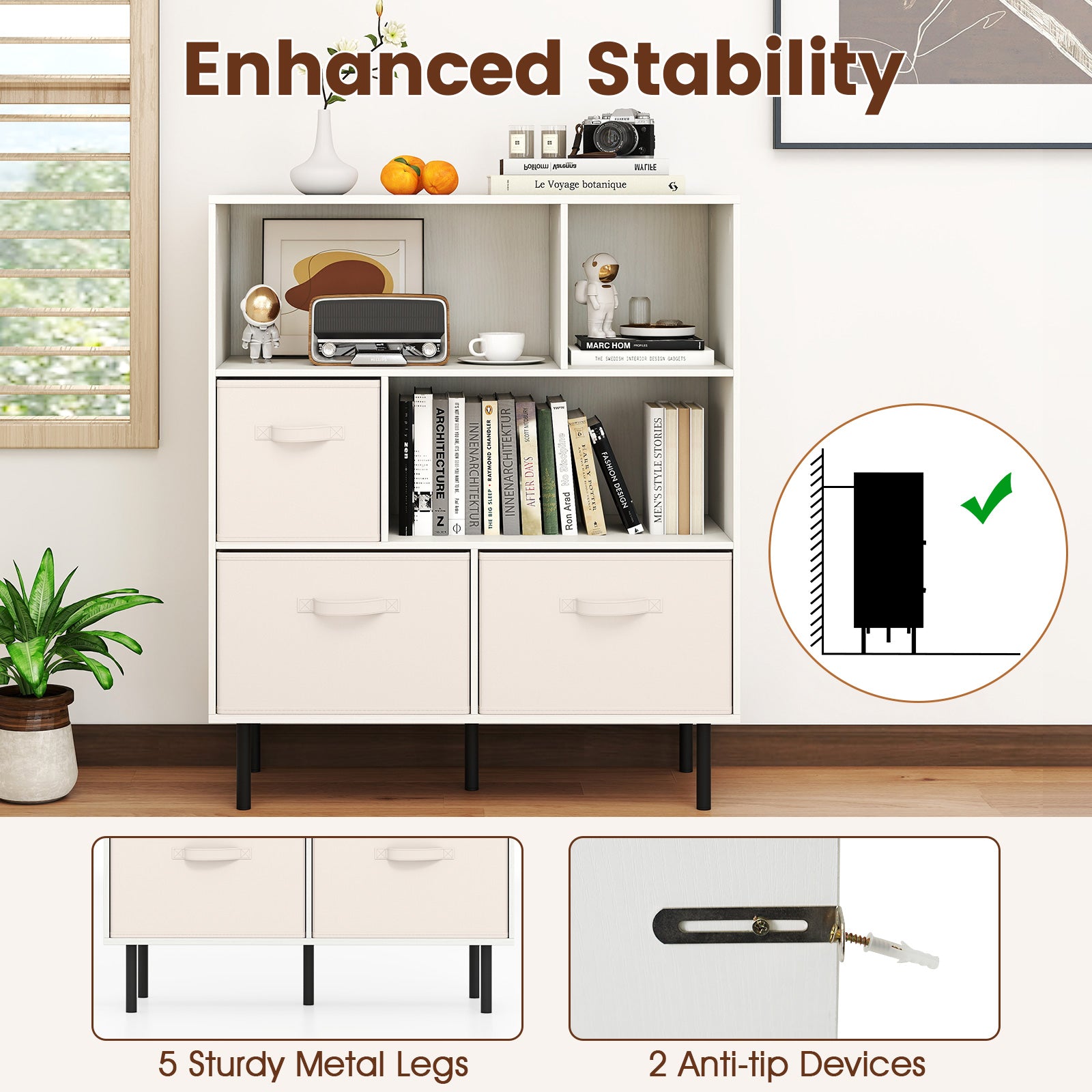 6-Cube Bookshelf with 3 Removable Folding Fabric Drawers for Living Room, White Bookcases at Gallery Canada