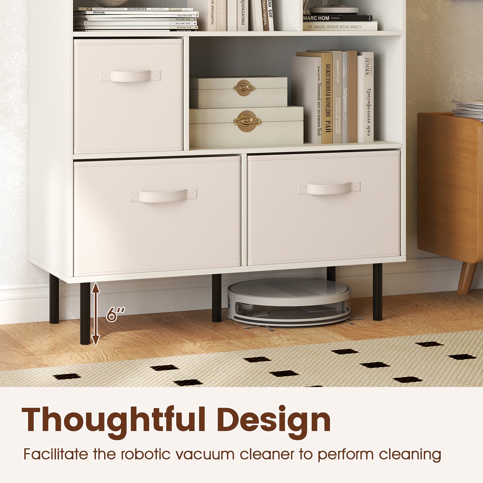 6-Cube Bookshelf with 3 Removable Folding Fabric Drawers for Living Room, White Bookcases at Gallery Canada