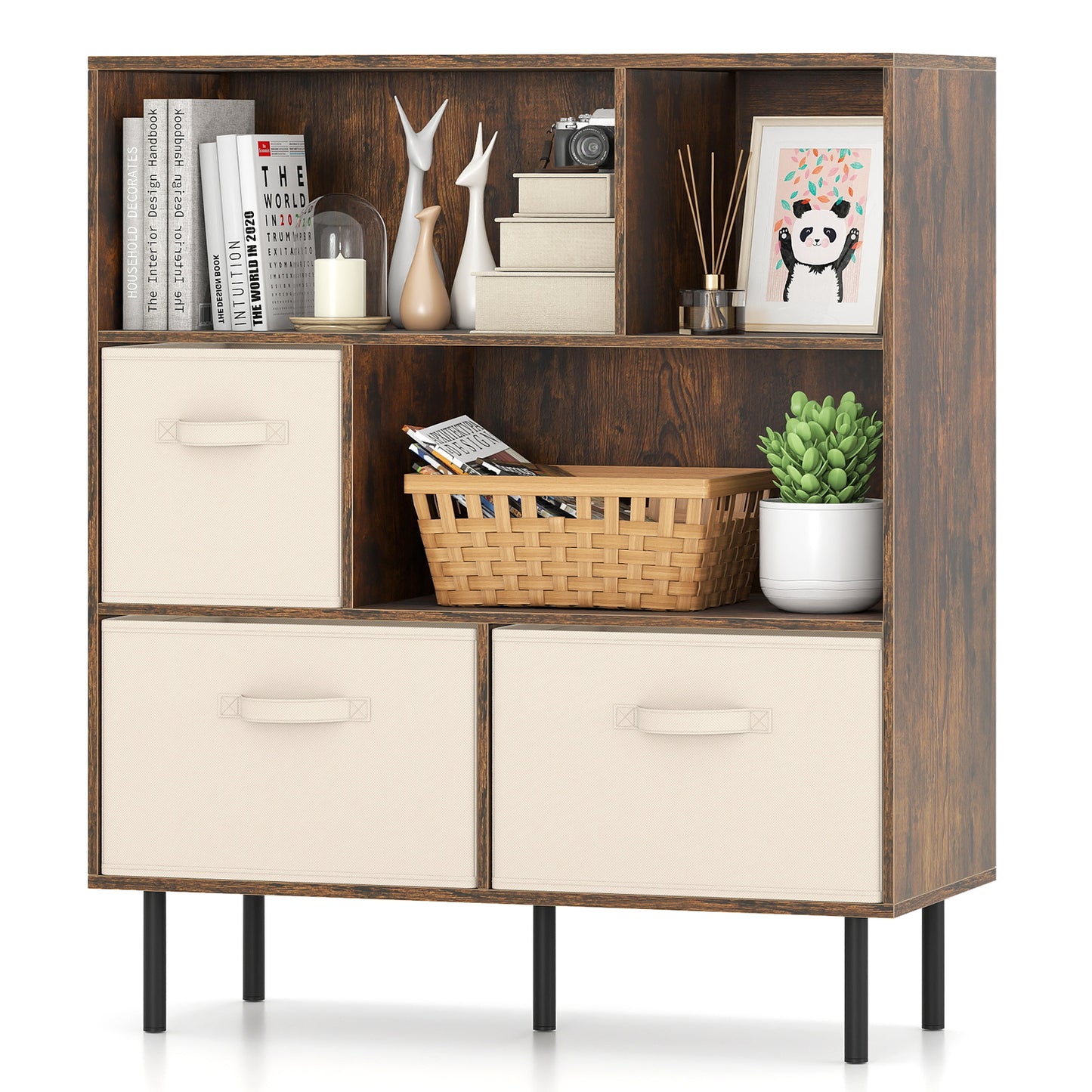 6-Cube Bookshelf with 3 Removable Folding Fabric Drawers for Living Room, Rustic Brown Bookcases at Gallery Canada