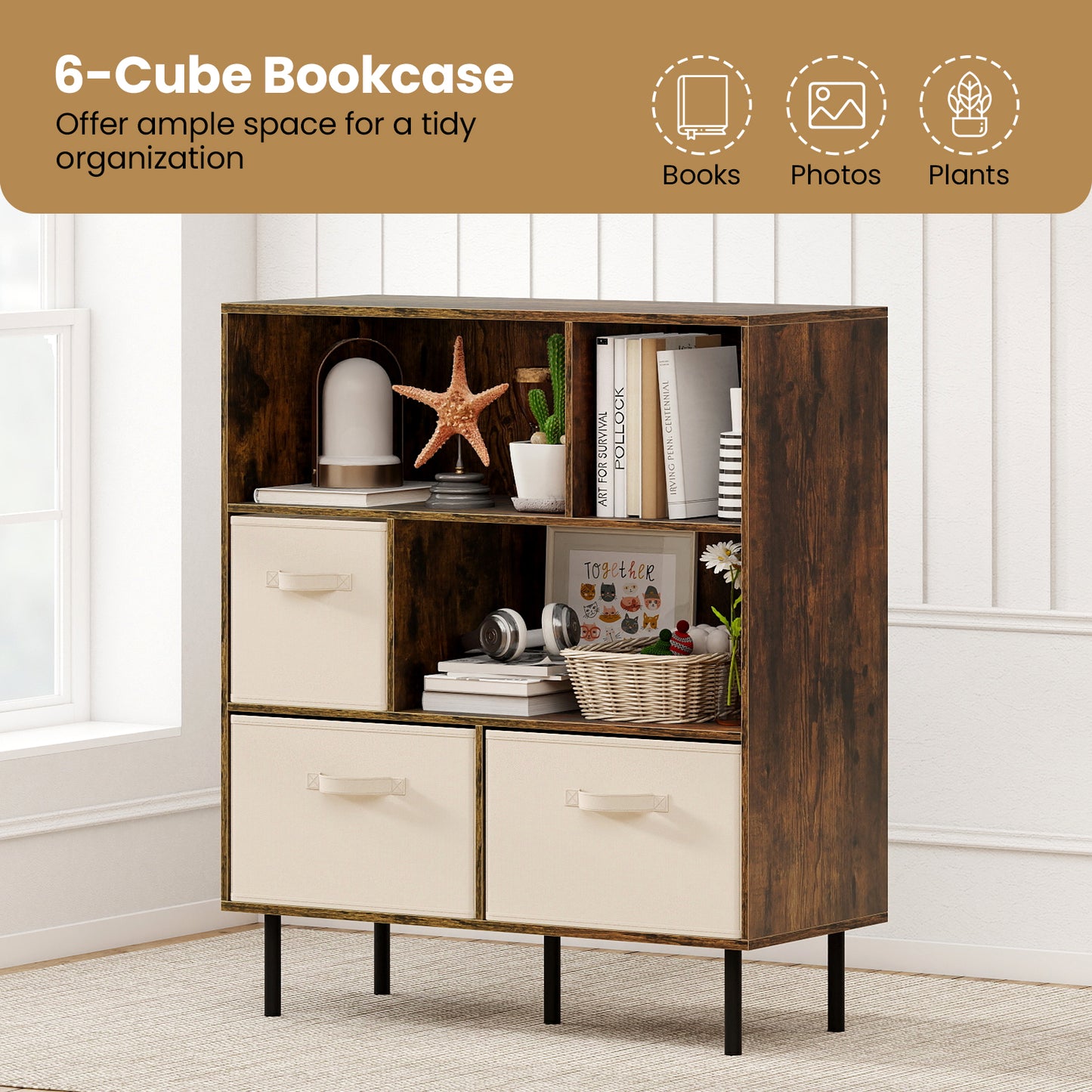 6-Cube Bookshelf with 3 Removable Folding Fabric Drawers for Living Room, Rustic Brown Bookcases at Gallery Canada