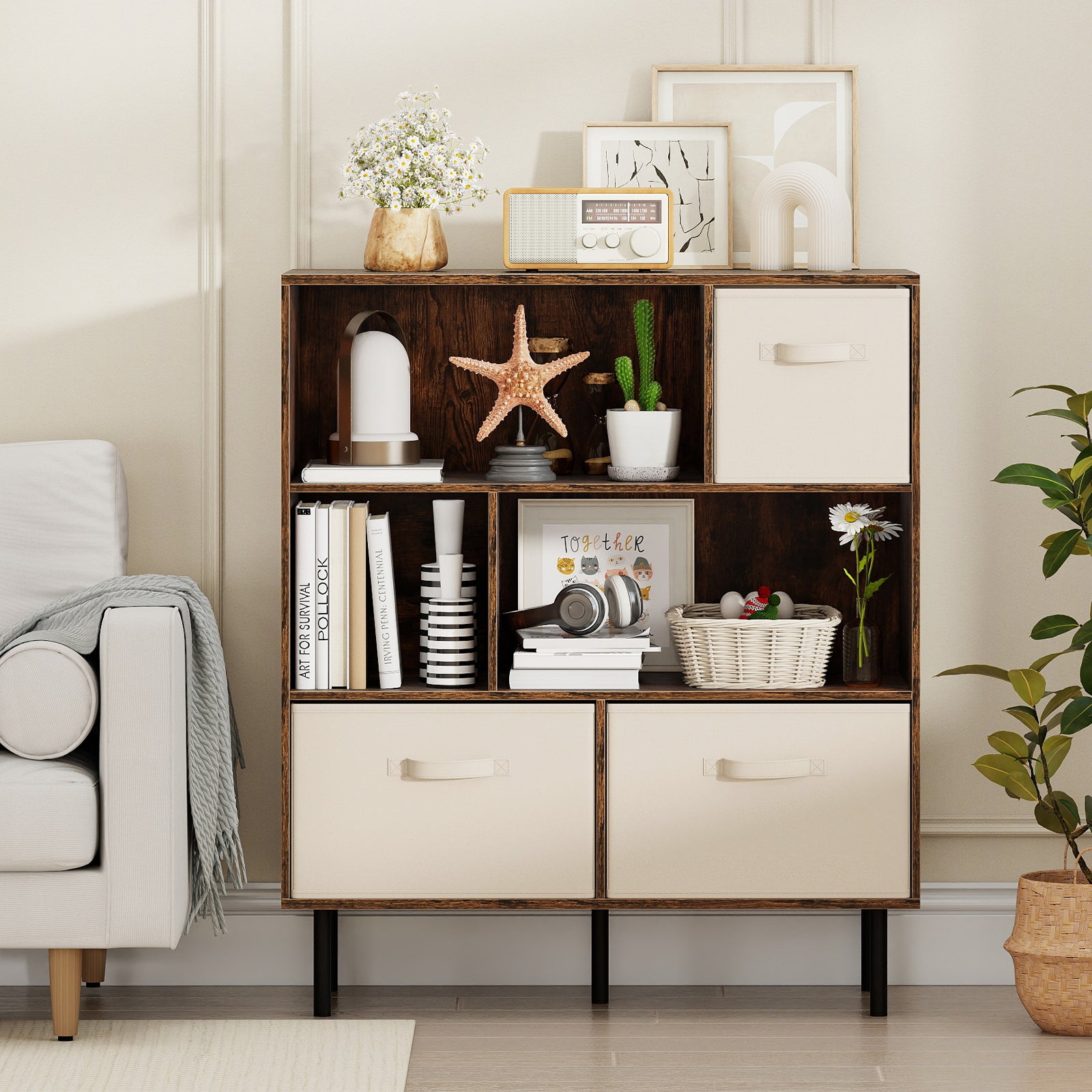 6-Cube Bookshelf with 3 Removable Folding Fabric Drawers for Living Room, Rustic Brown Bookcases at Gallery Canada