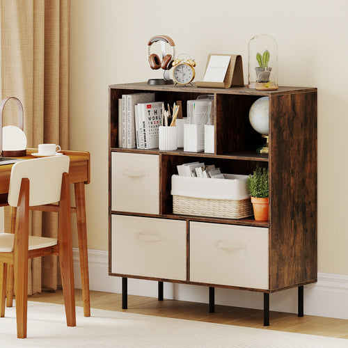 6-Cube Bookshelf with 3 Removable Folding Fabric Drawers for Living Room, Rustic Brown