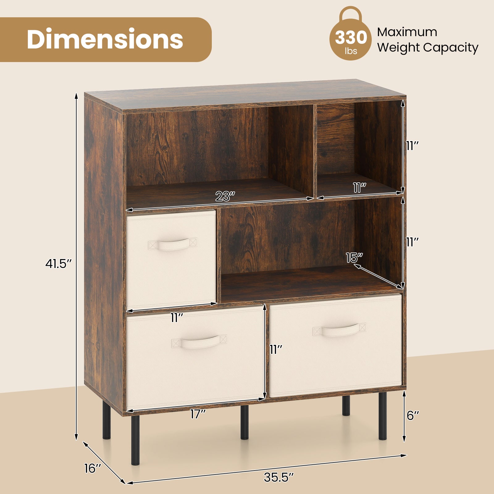 6-Cube Bookshelf with 3 Removable Folding Fabric Drawers for Living Room, Rustic Brown Bookcases at Gallery Canada