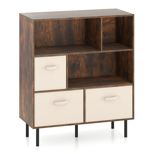 6-Cube Bookshelf with 3 Removable Folding Fabric Drawers for Living Room, Rustic Brown