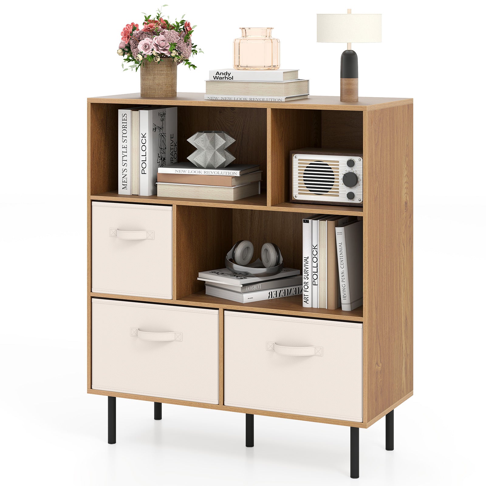 6-Cube Bookshelf with 3 Removable Folding Fabric Drawers for Living Room, Natural Bookcases at Gallery Canada