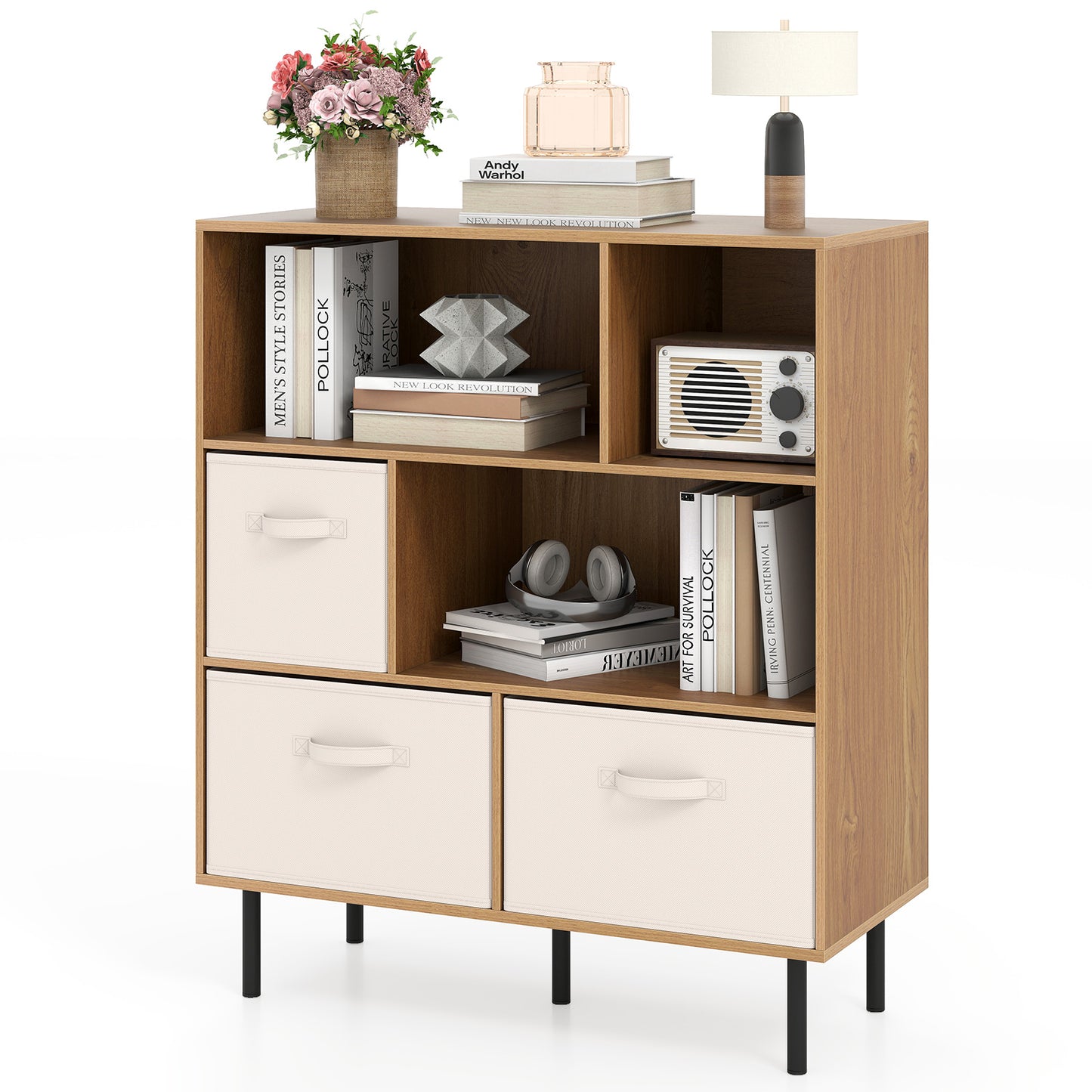 6-Cube Bookshelf with 3 Removable Folding Fabric Drawers for Living Room, Natural Bookcases at Gallery Canada