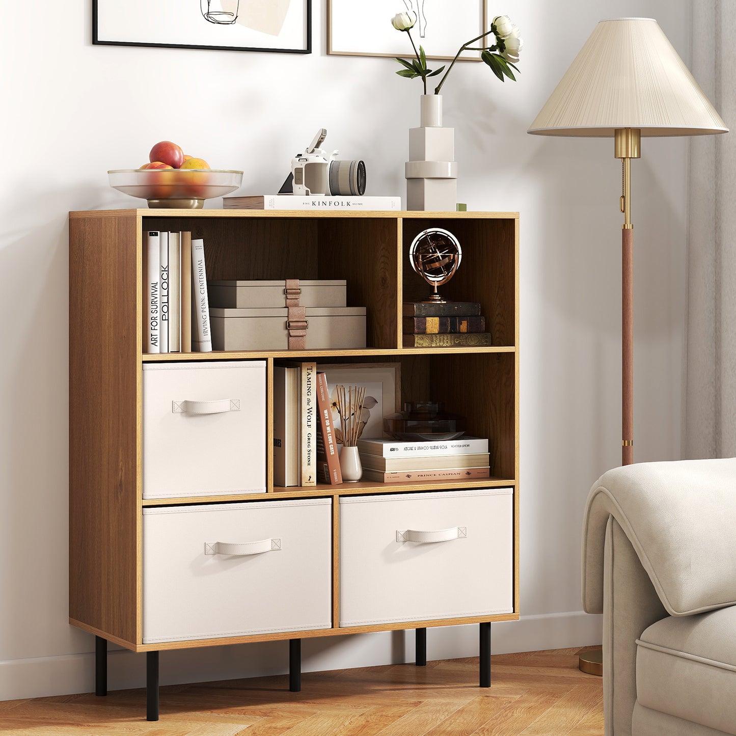 6-Cube Bookshelf with 3 Removable Folding Fabric Drawers for Living Room, Natural Bookcases at Gallery Canada