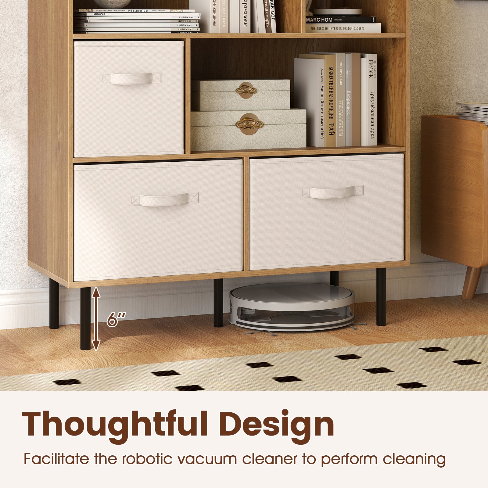 6-Cube Bookshelf with 3 Removable Folding Fabric Drawers for Living Room, Natural Bookcases at Gallery Canada