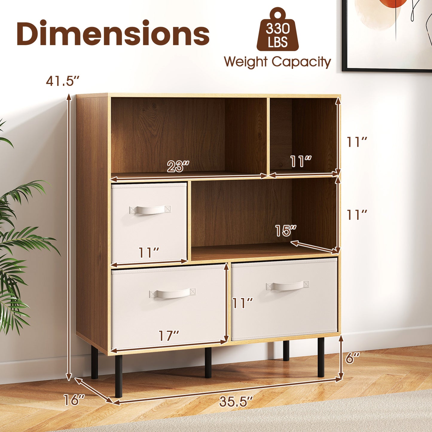 6-Cube Bookshelf with 3 Removable Folding Fabric Drawers for Living Room, Natural Bookcases at Gallery Canada