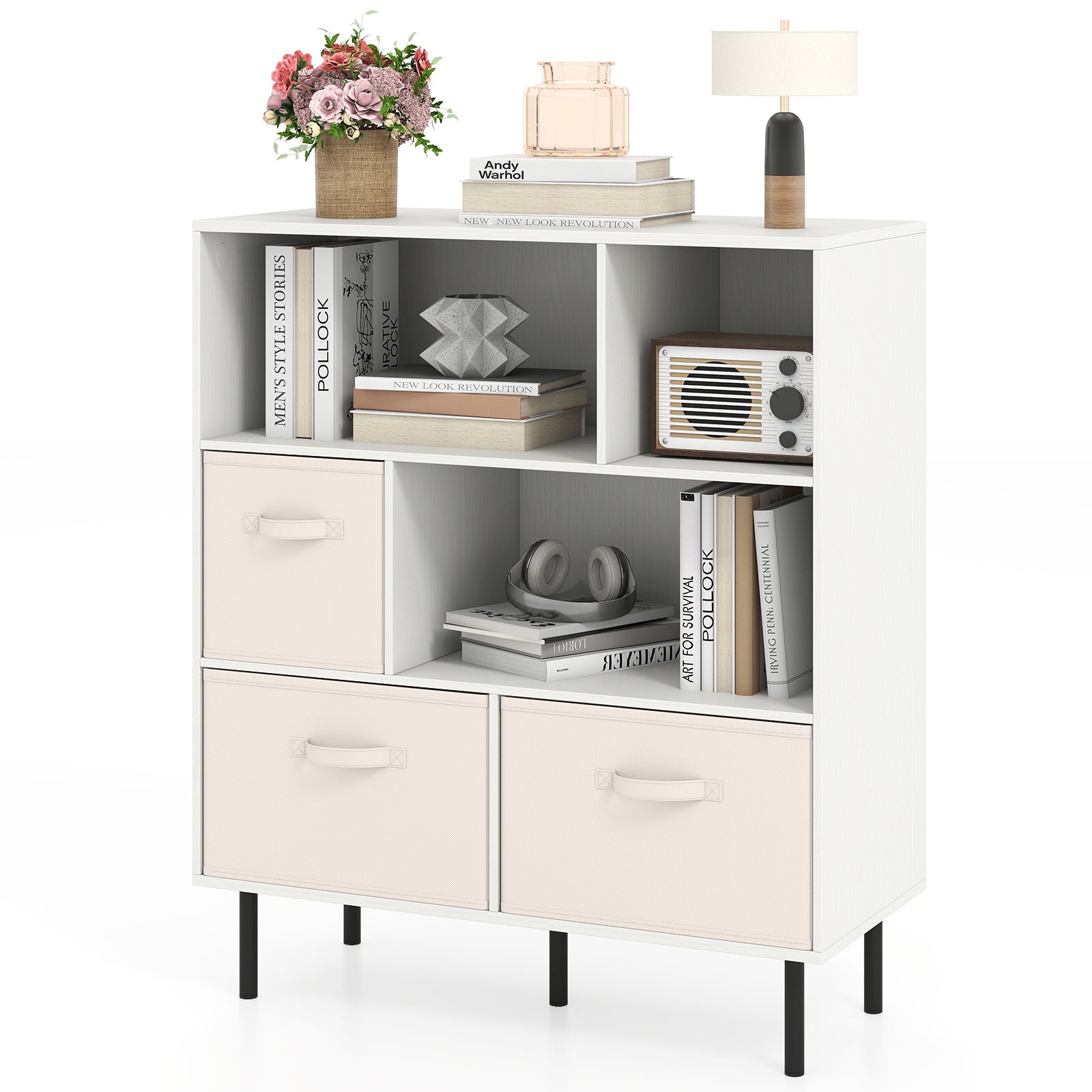6-Cube Bookshelf with 3 Removable Folding Fabric Drawers for Living Room, White Bookcases at Gallery Canada
