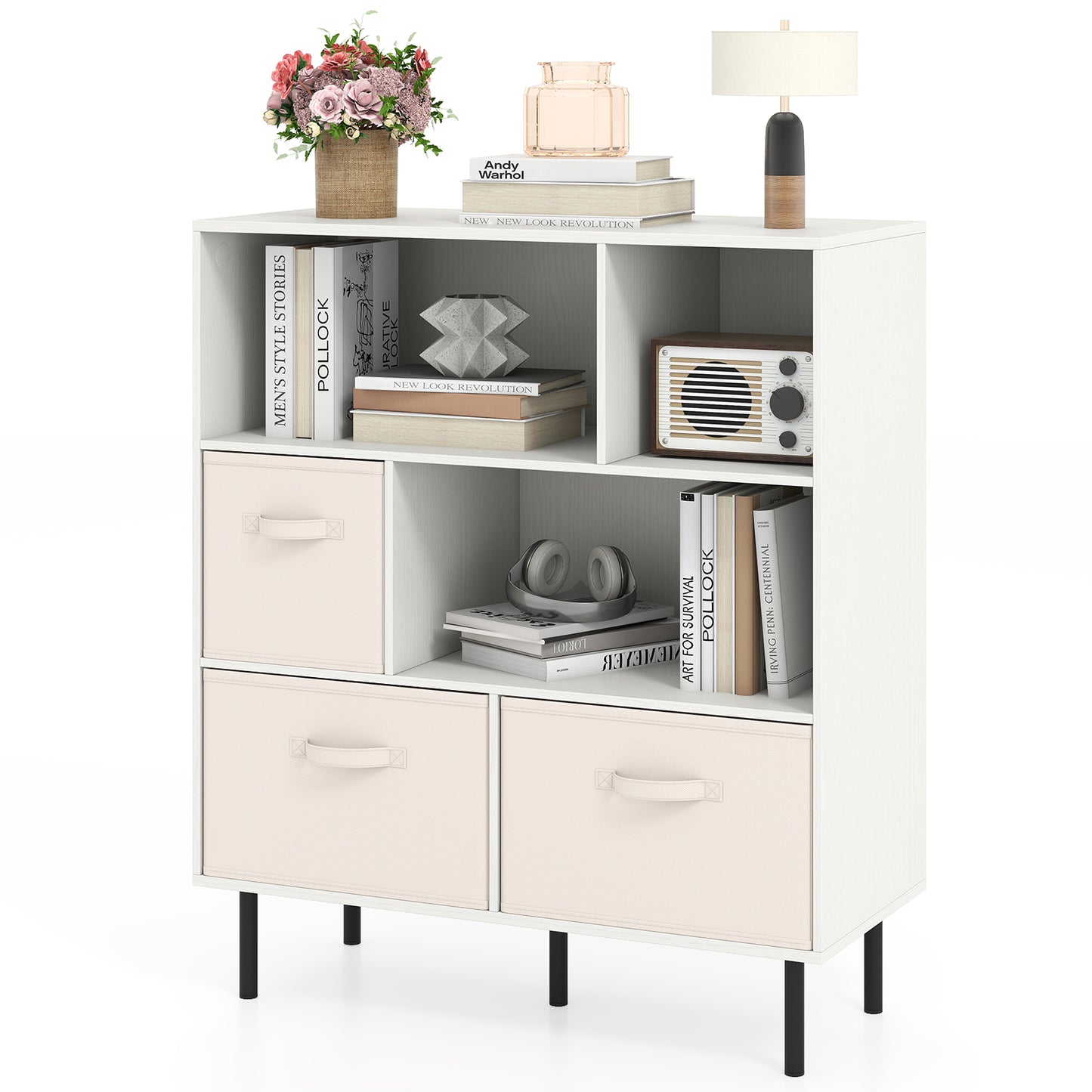 6-Cube Bookshelf with 3 Removable Folding Fabric Drawers for Living Room, White Bookcases at Gallery Canada