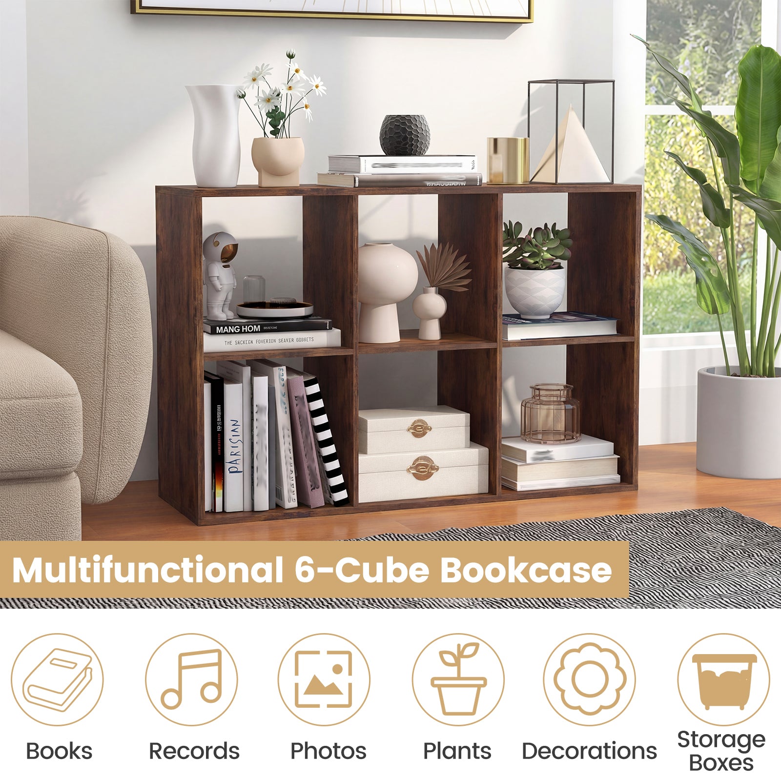 6 Cube Bookshelf With Back Guardrail, Brown Bookcases at Gallery Canada