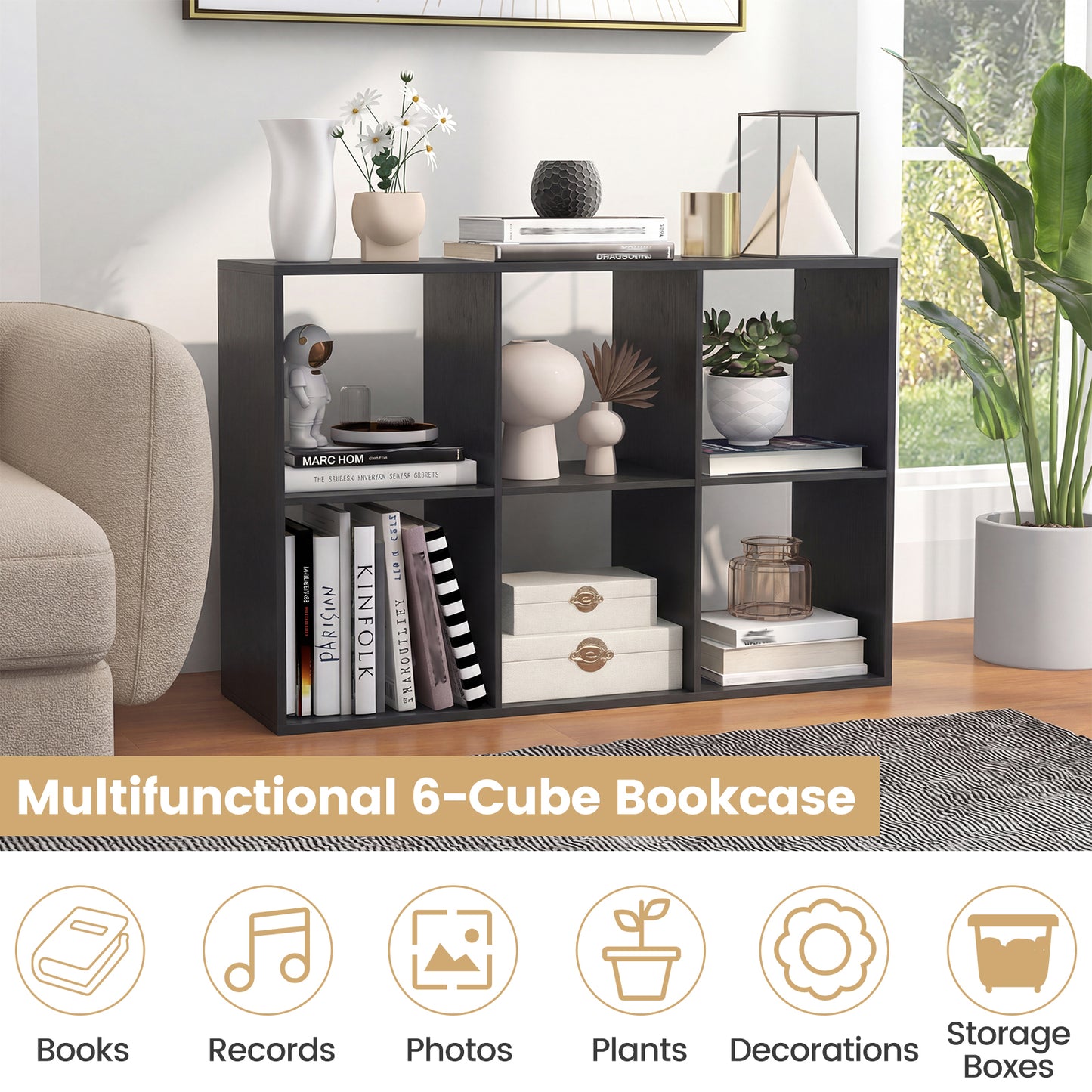 6 Cube Bookshelf With Back Guardrail, Black Bookcases at Gallery Canada