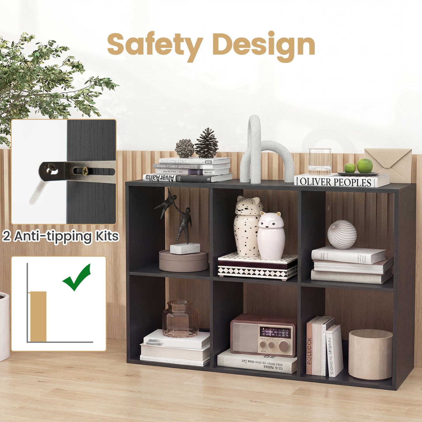 6 Cube Bookshelf With Back Guardrail, Black Bookcases at Gallery Canada