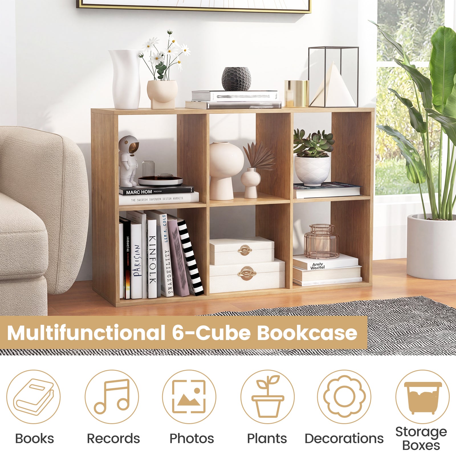 6 Cube Bookshelf With Back Guardrail, Natural Bookcases at Gallery Canada