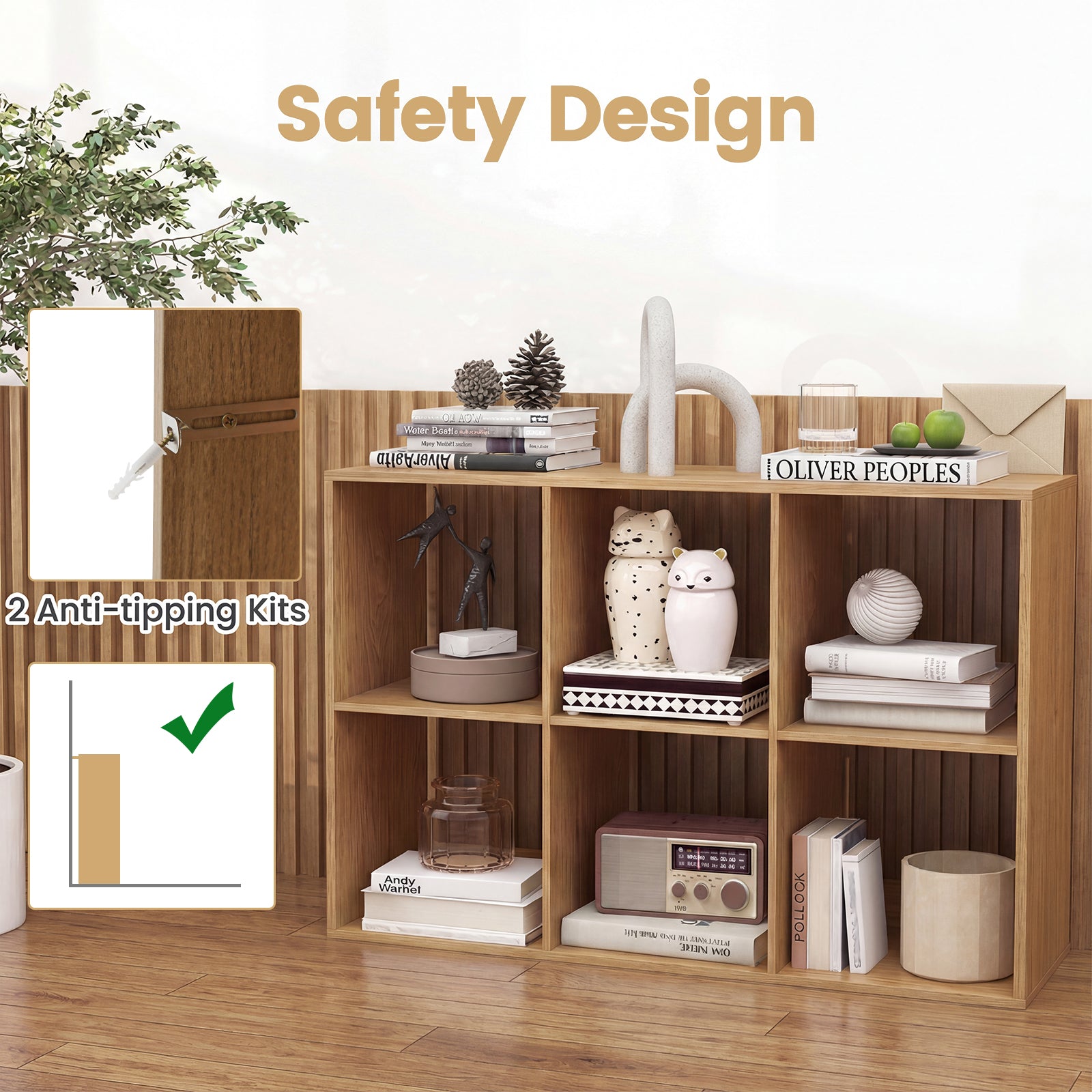 6 Cube Bookshelf With Back Guardrail, Natural Bookcases at Gallery Canada