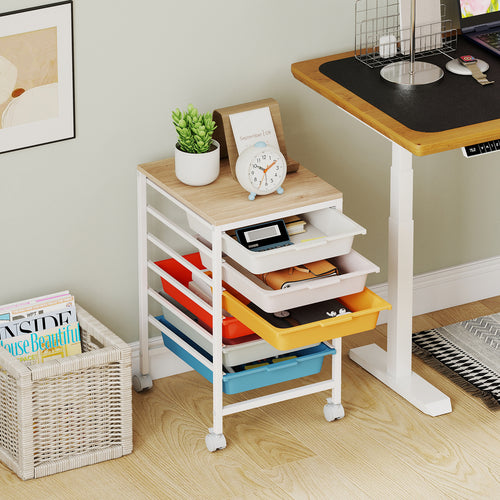 6-Drawer Rolling Storage Cart With Wooden Tabletop, Macaron