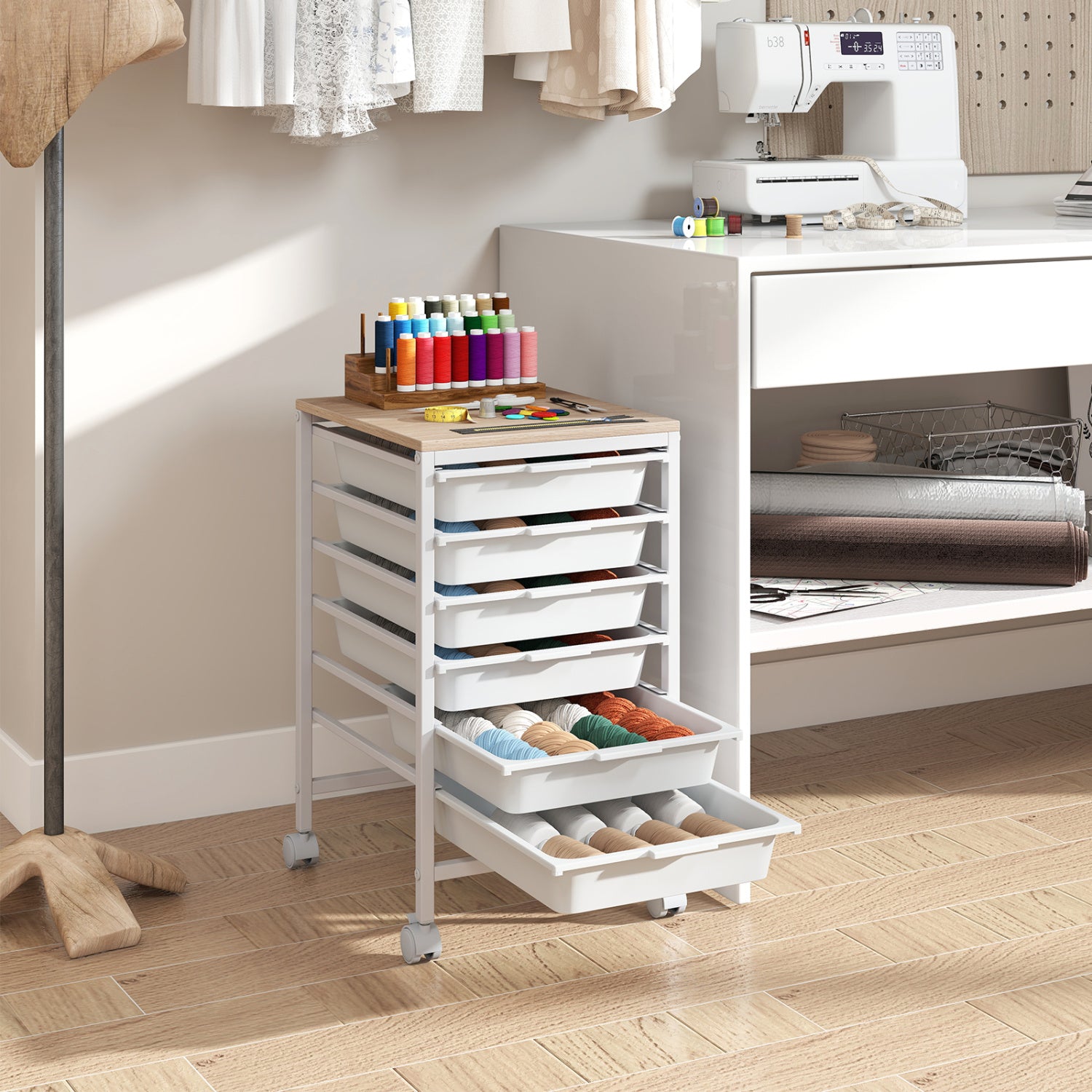 6-Drawer Rolling Storage Cart with Wooden Tabletop, White File Cabinets at Gallery Canada
